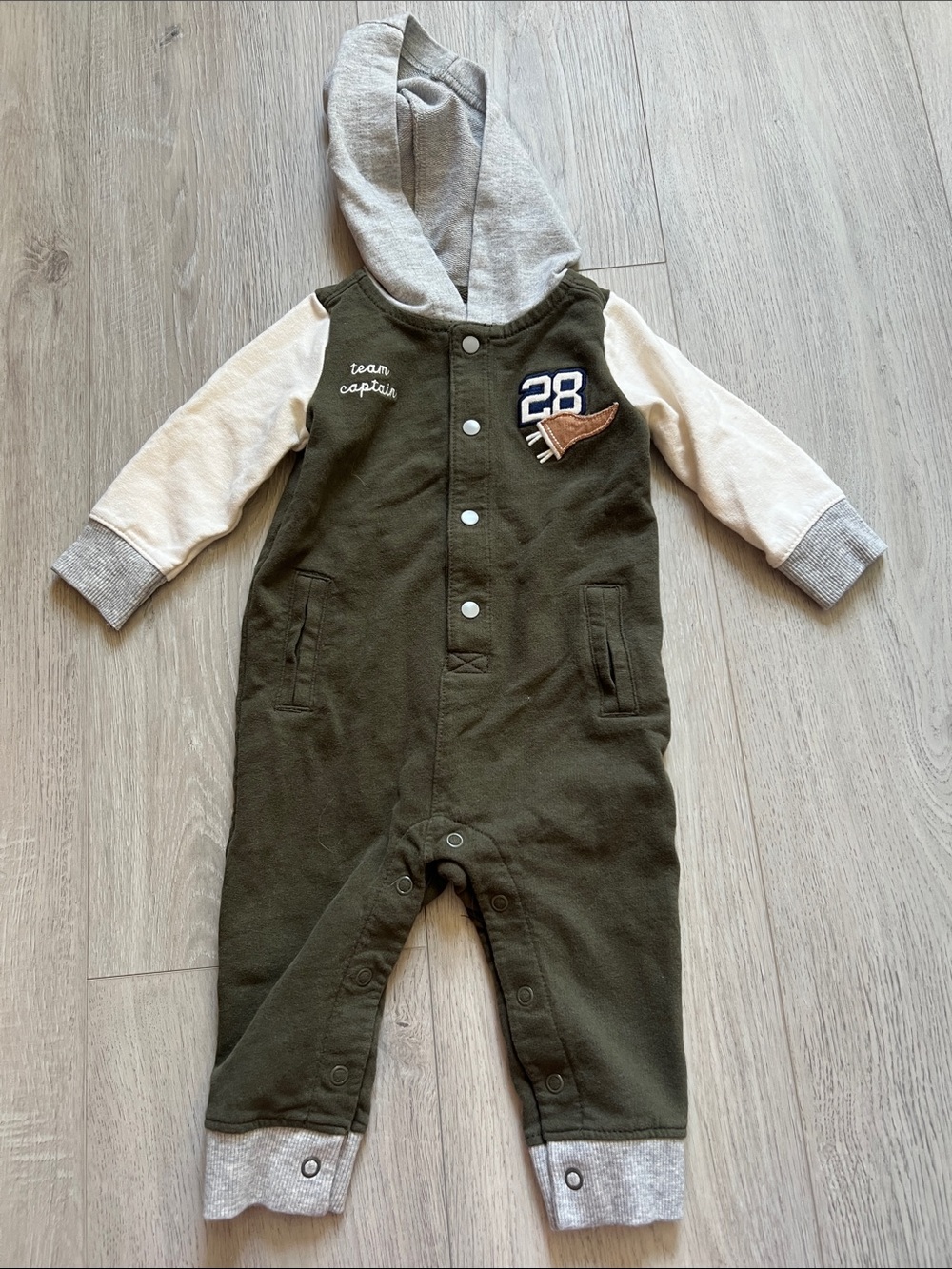 Carter's Olive Green Hooded Button Up Team Captain Baby Romper Size 6 Months